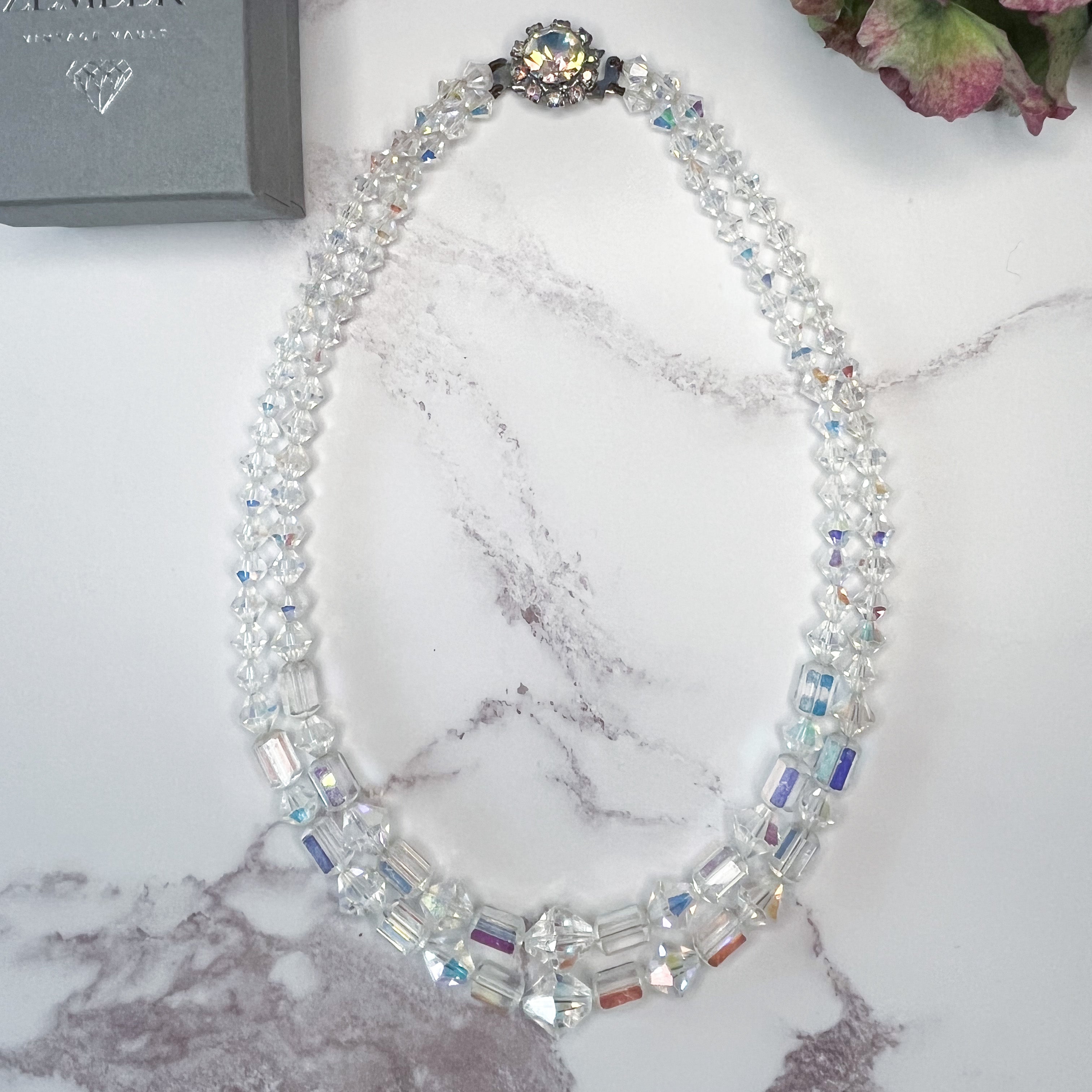 1950s Aurora Borealis Crystal Beaded Two Row Necklace 