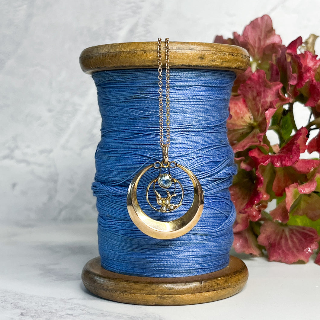 Edwardian 9ct Gold Aquamarine & Pearl Pendant Necklace