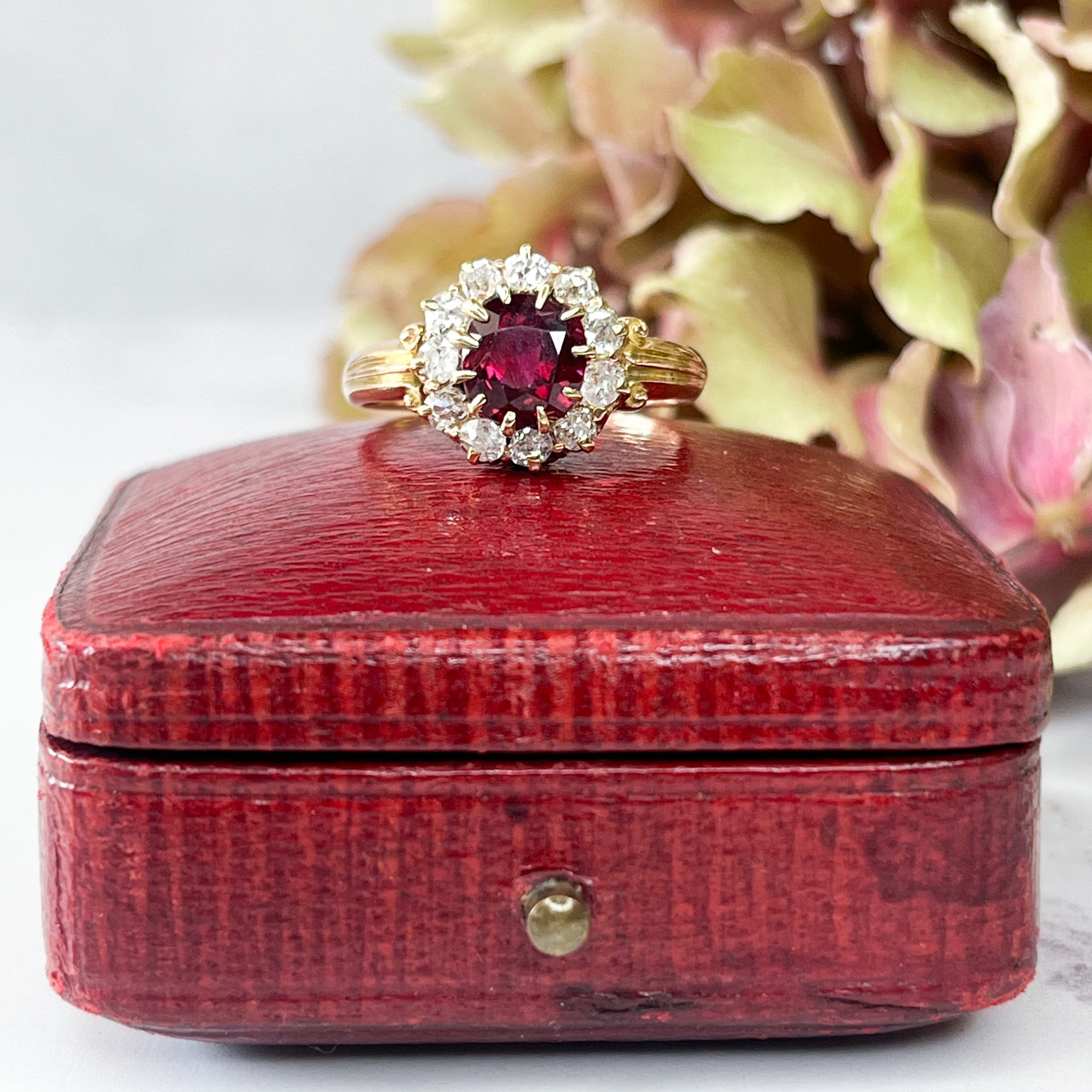 Edwardian Ruby Old Cut Diamond Cluster Ring