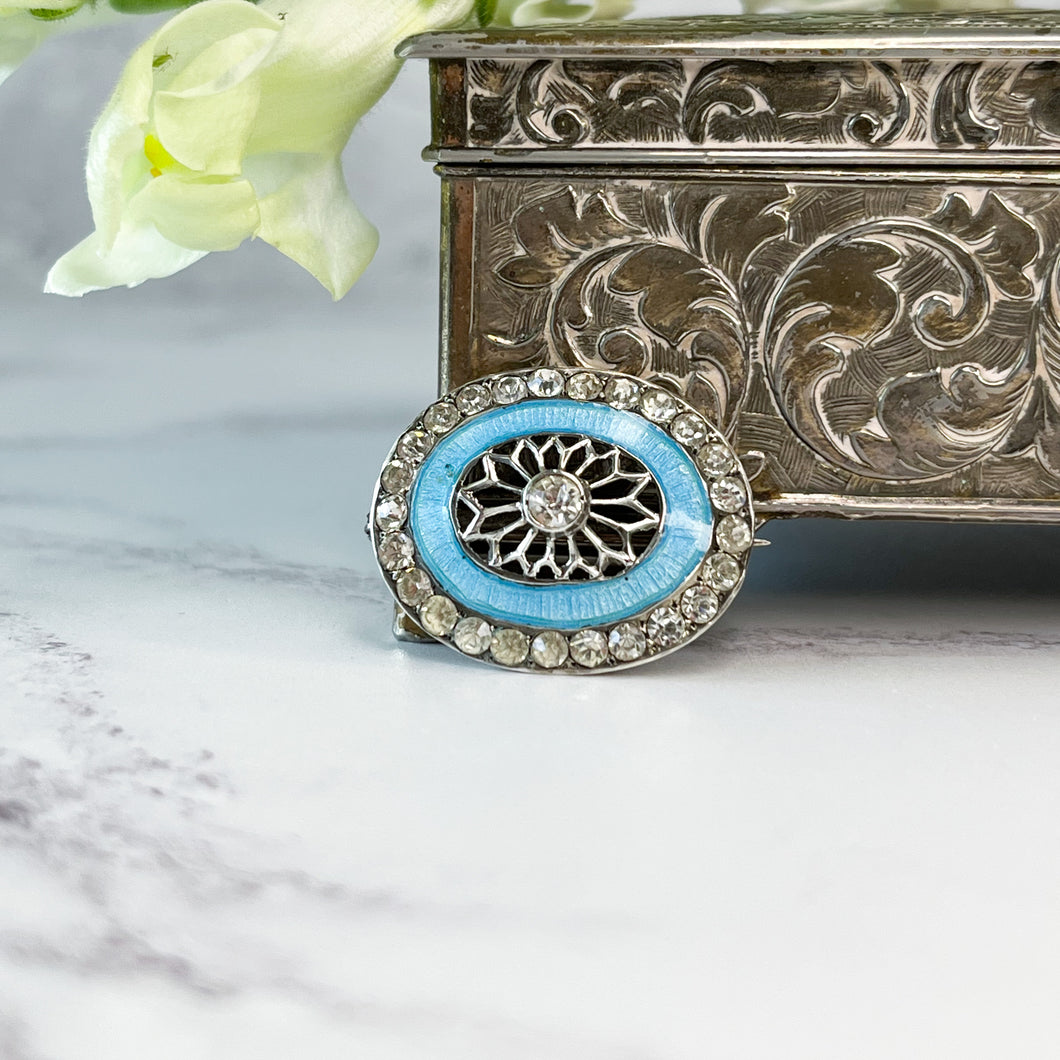 Blue Guilloché Enamel Oval Brooch